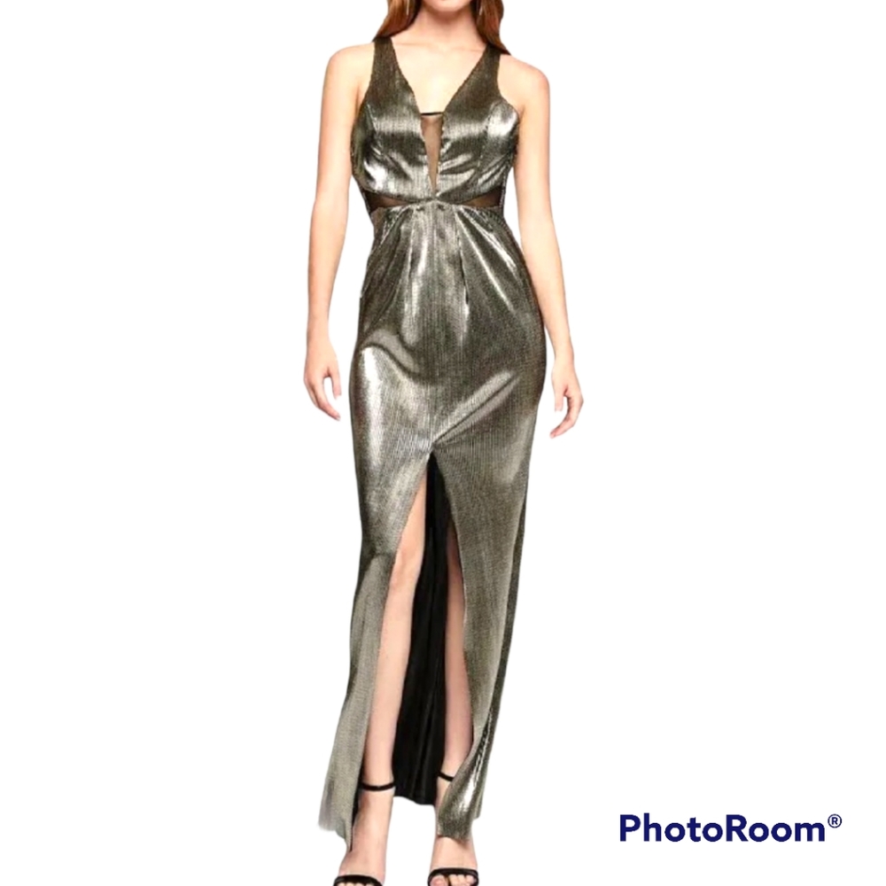BCBGeneration metallic silver 70s Glam micro pleated Maxi Long dress Size 0